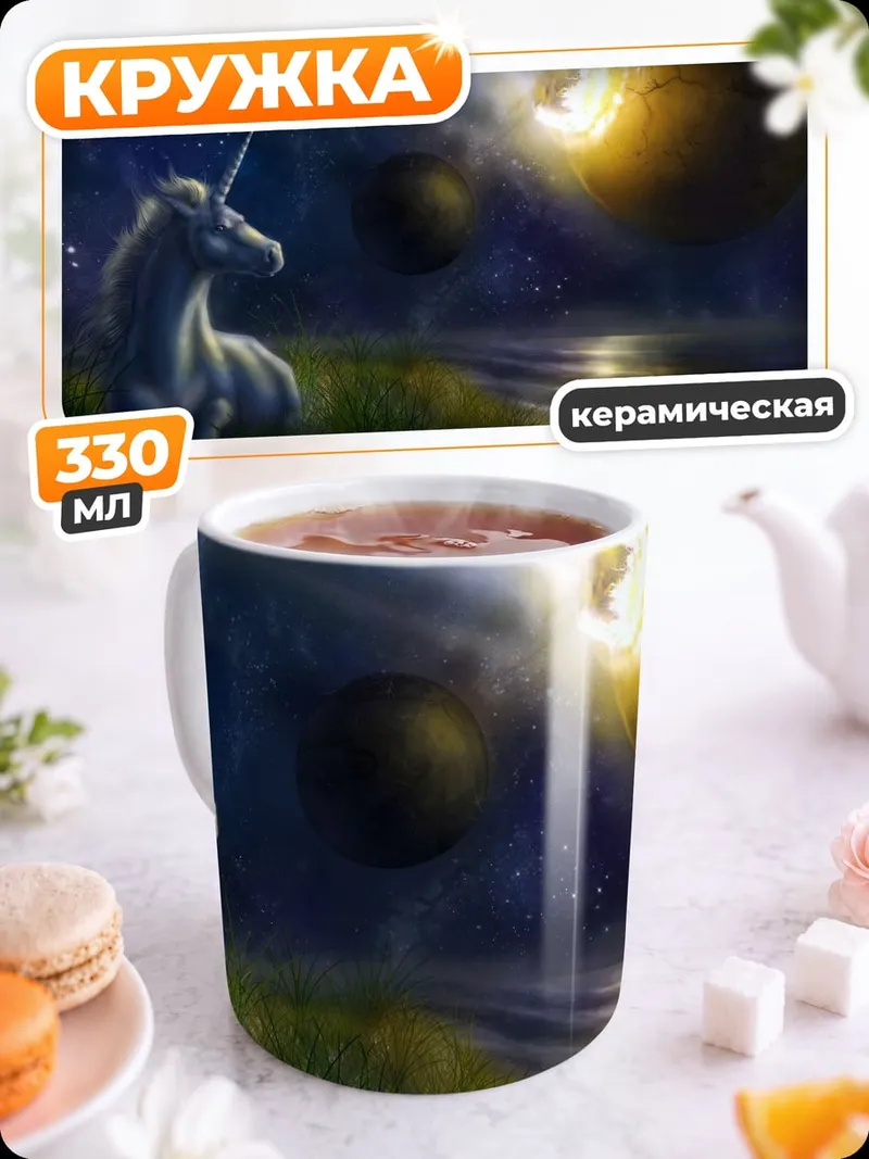 Кружка керамическая единорог смотрит на затмение