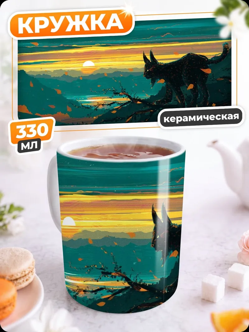 Кружка керамическая Черный кот на закате