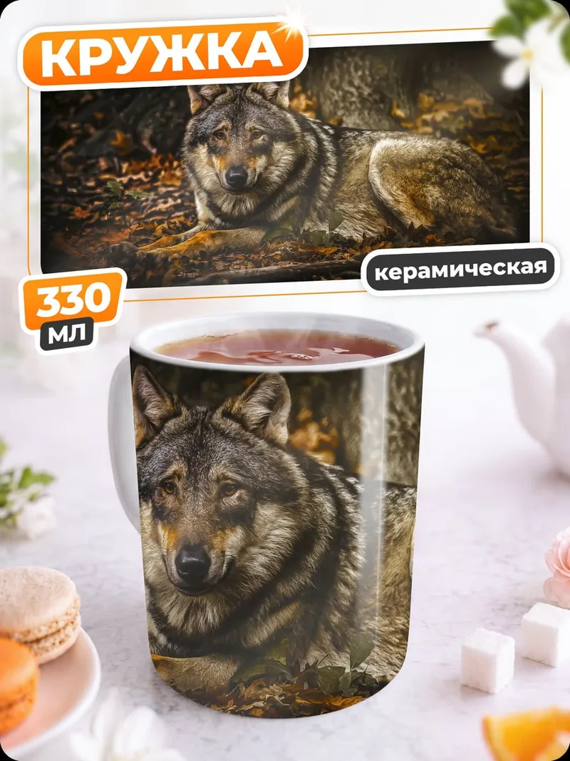 Кружка керамическая Лежащий волк в лесу