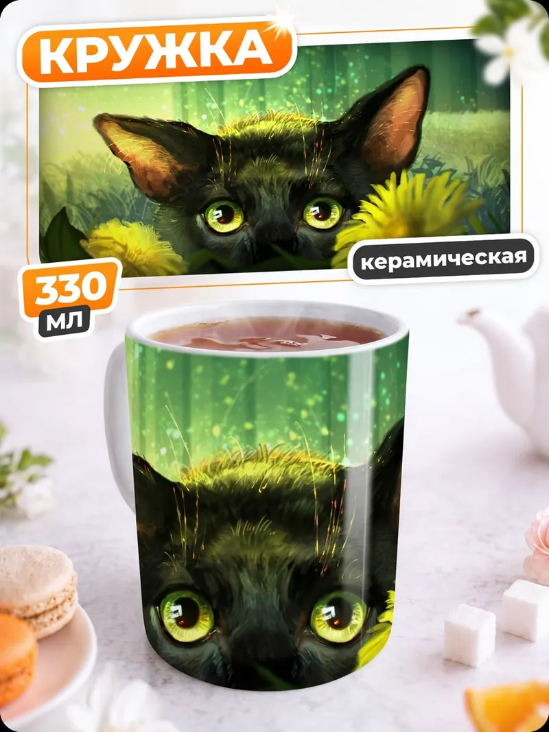 Кружка керамическая Черный кот в цветах