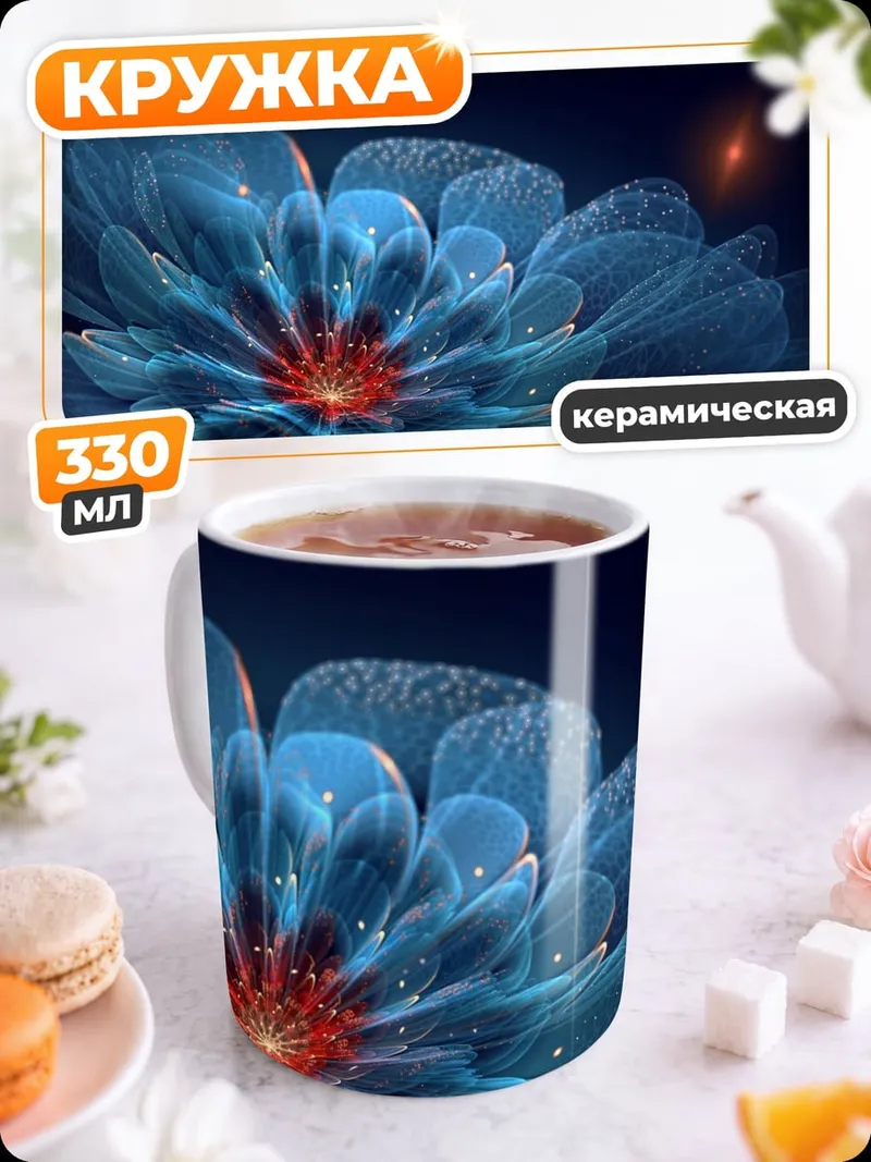 Кружка керамическая Синий фрактал цветок