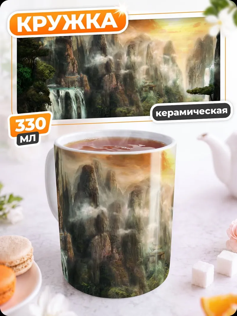 Кружка керамическая Горный пейзаж с водопадами
