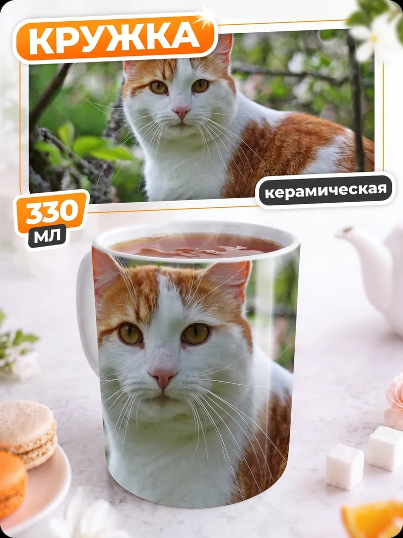 Кружка керамическая Рыжий кот в цветах