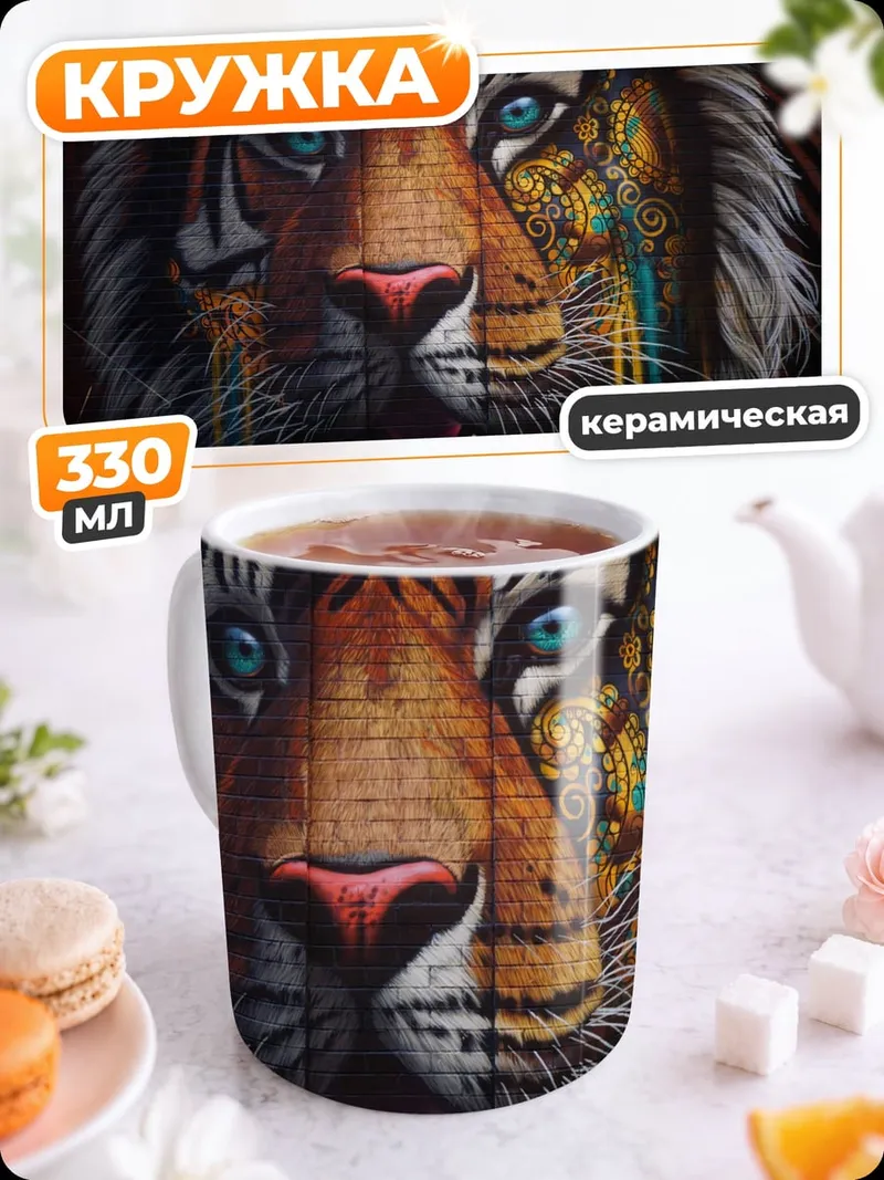 Кружка керамическая Яростный тигр с узорами