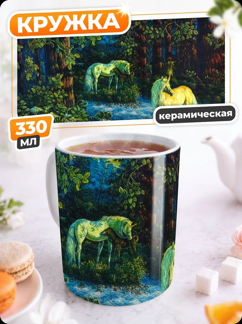 Кружка керамическая единороги в лесу