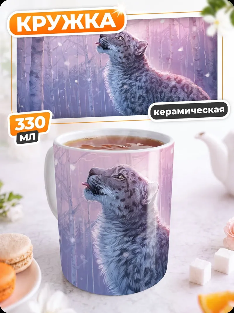 Кружка керамическая Снежный барс в лесу