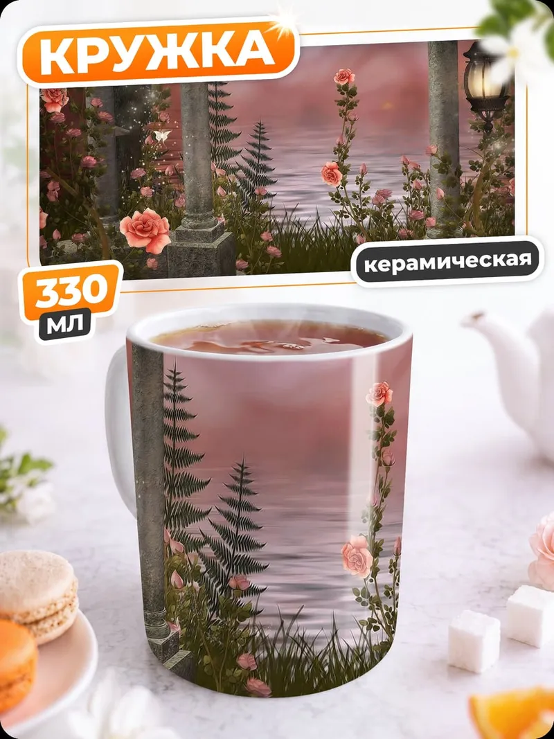 Кружка керамическая розовый сад