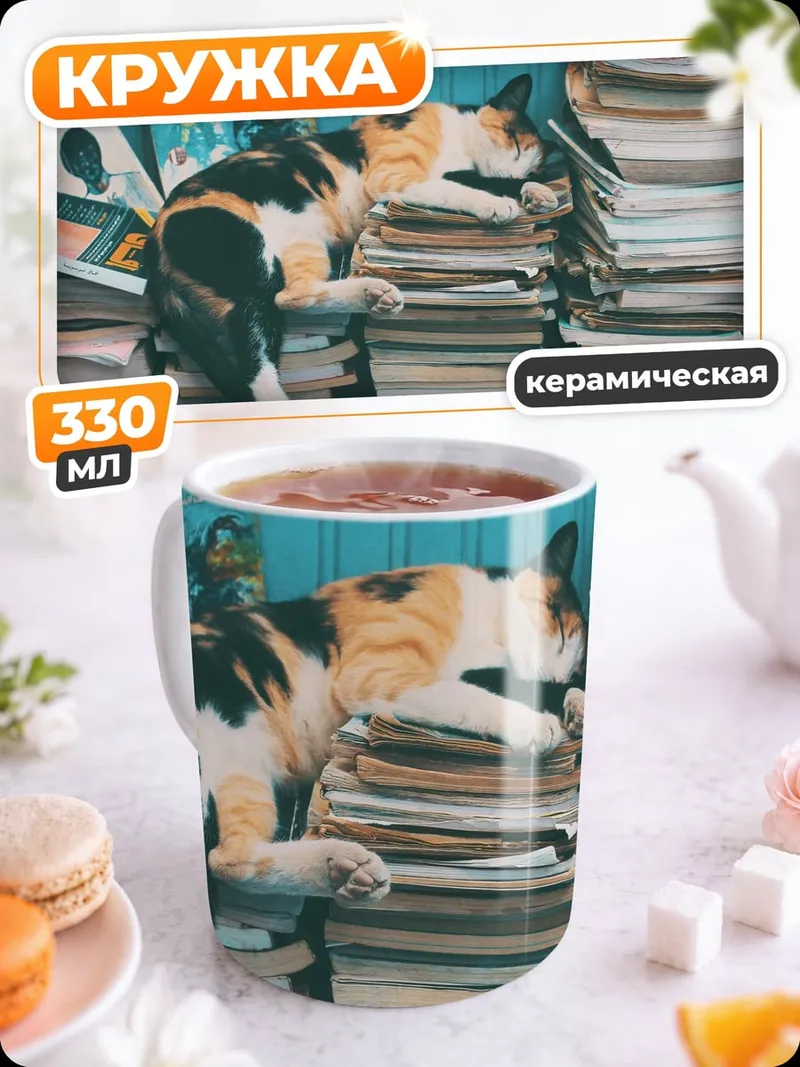 Кружка керамическая Кот на книгах