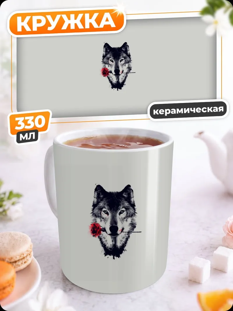 Кружка керамическая Волк с розой