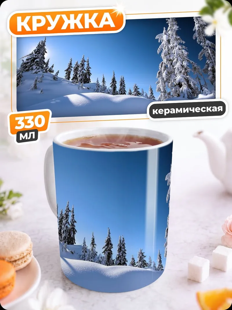 Кружка керамическая зимний пейзаж ели