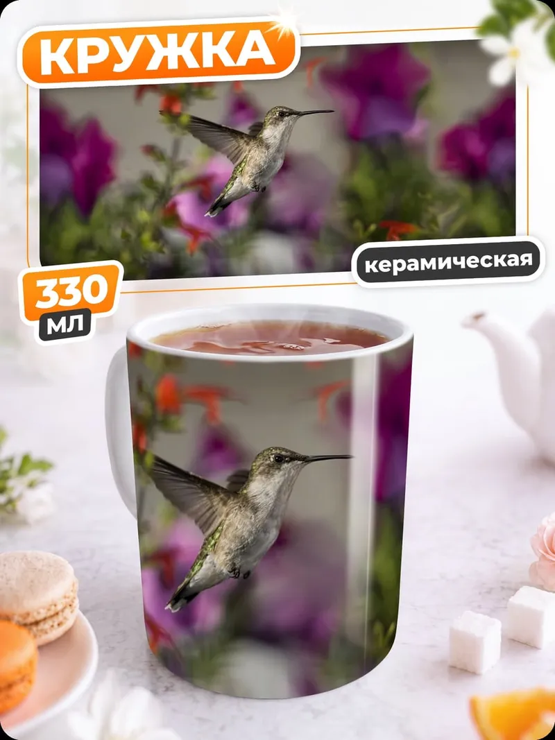 Кружка керамическая Колибри и цветы