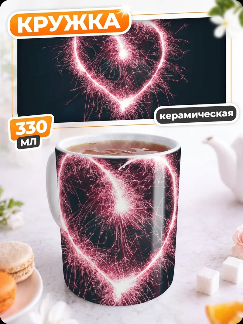 Кружка керамическая сердце из бенгальских огней
