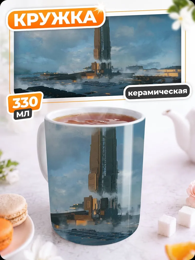 Кружка керамическая Футуристическая башня в тумане