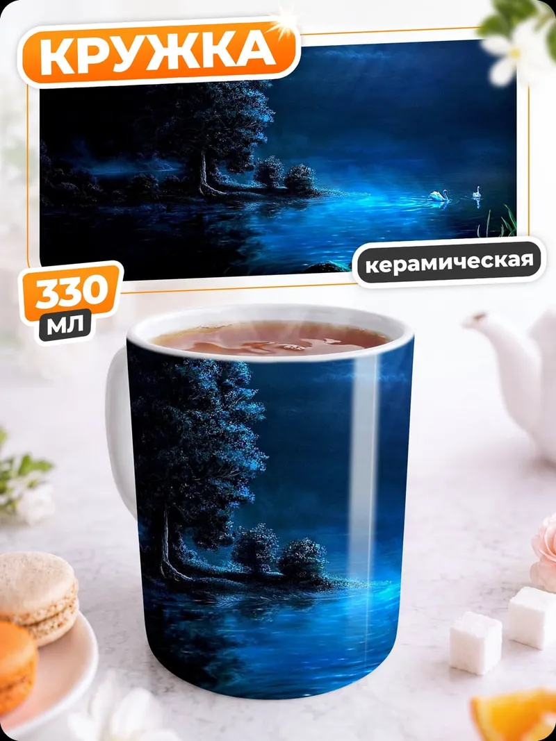 Кружка керамическая ночной лес у озера