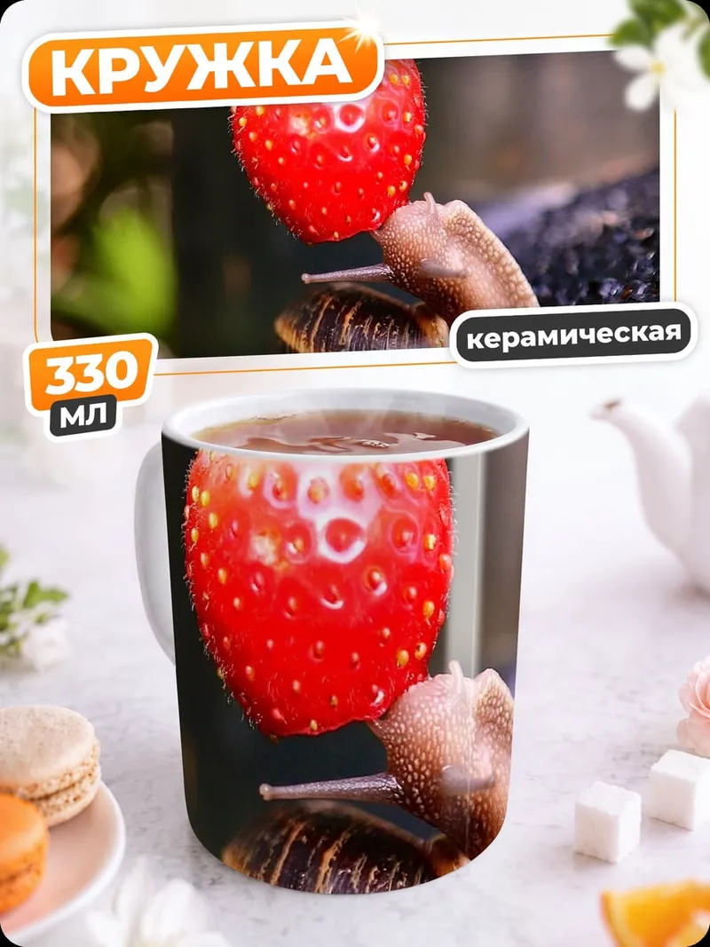Кружка керамическая Улитка с клубникой
