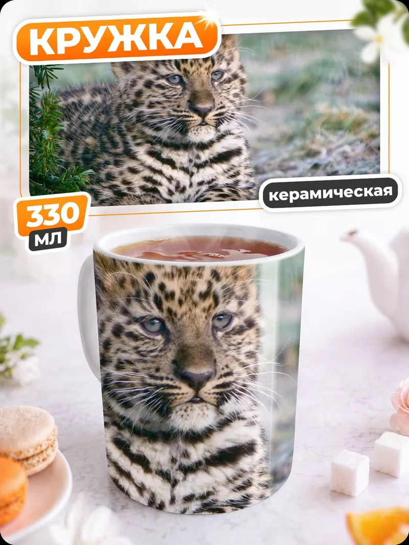 Кружка керамическая Леопард отдыхает на траве