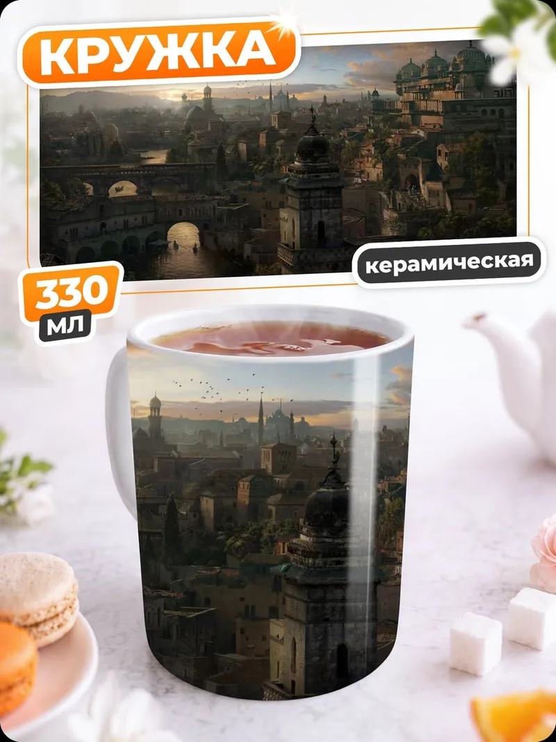 Кружка керамическая Фэнтезийный город на закате