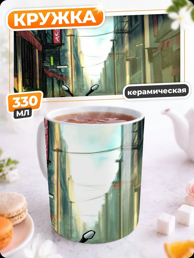 Кружка керамическая Киберпанк мотоцикл улица