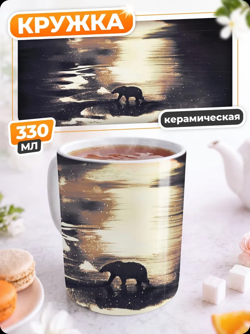 Кружка керамическая белый медведь закат