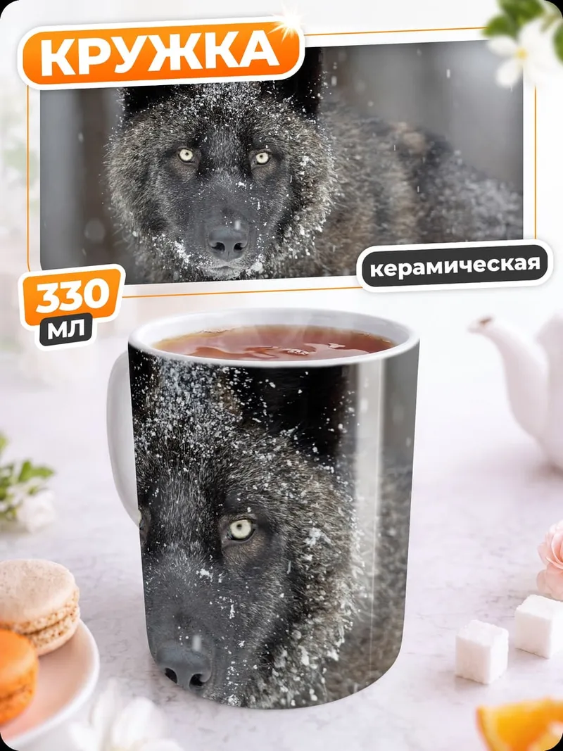 Кружка керамическая Черный волк зимой