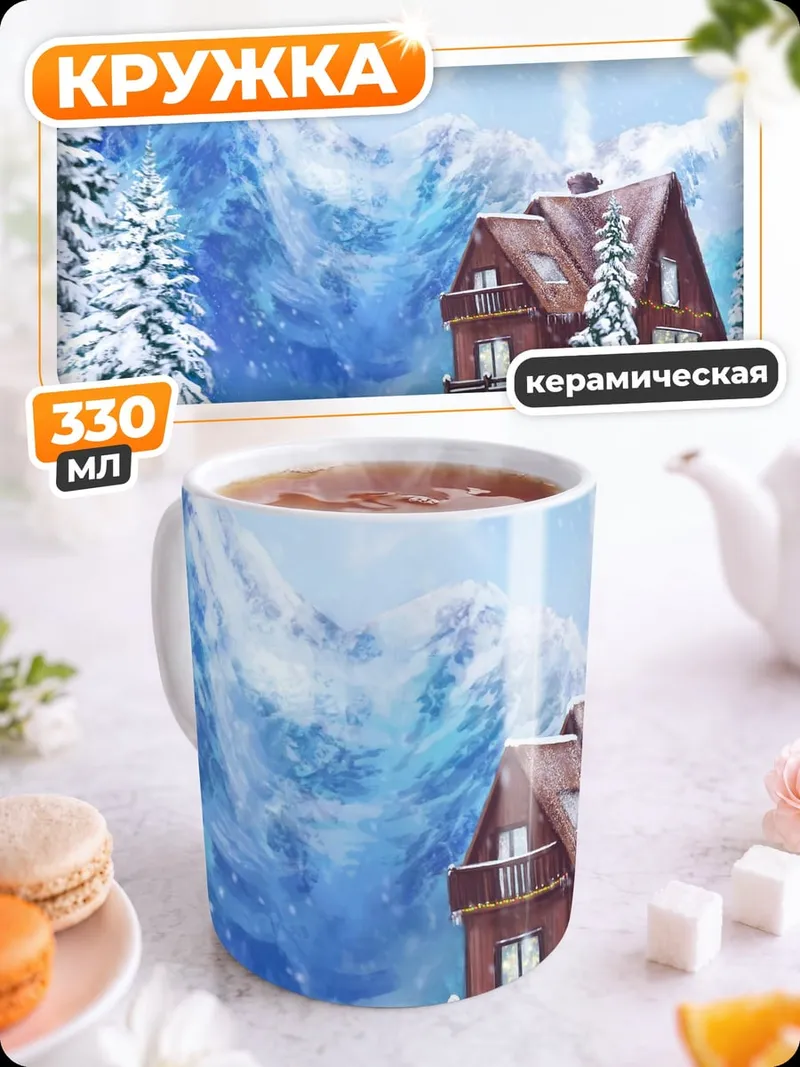 Кружка керамическая Зимний домик в горах