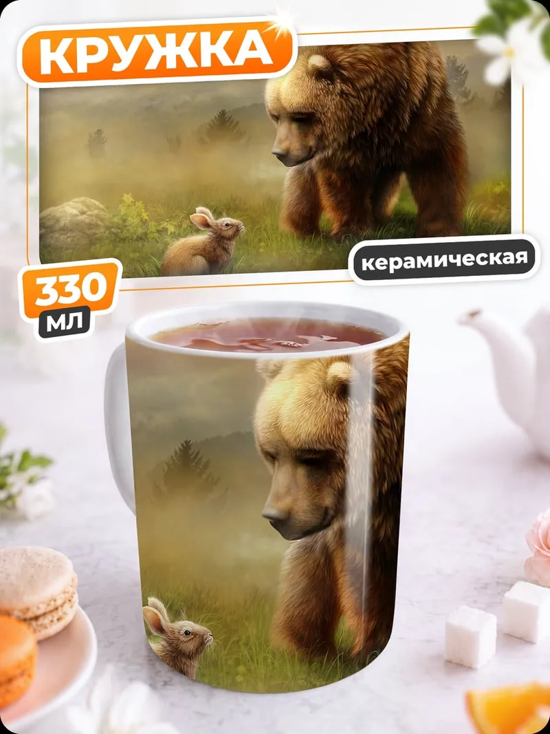 Кружка керамическая медведь и заяц