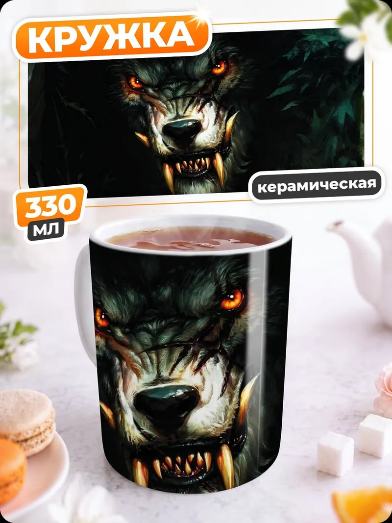 Кружка керамическая Злой черный волк