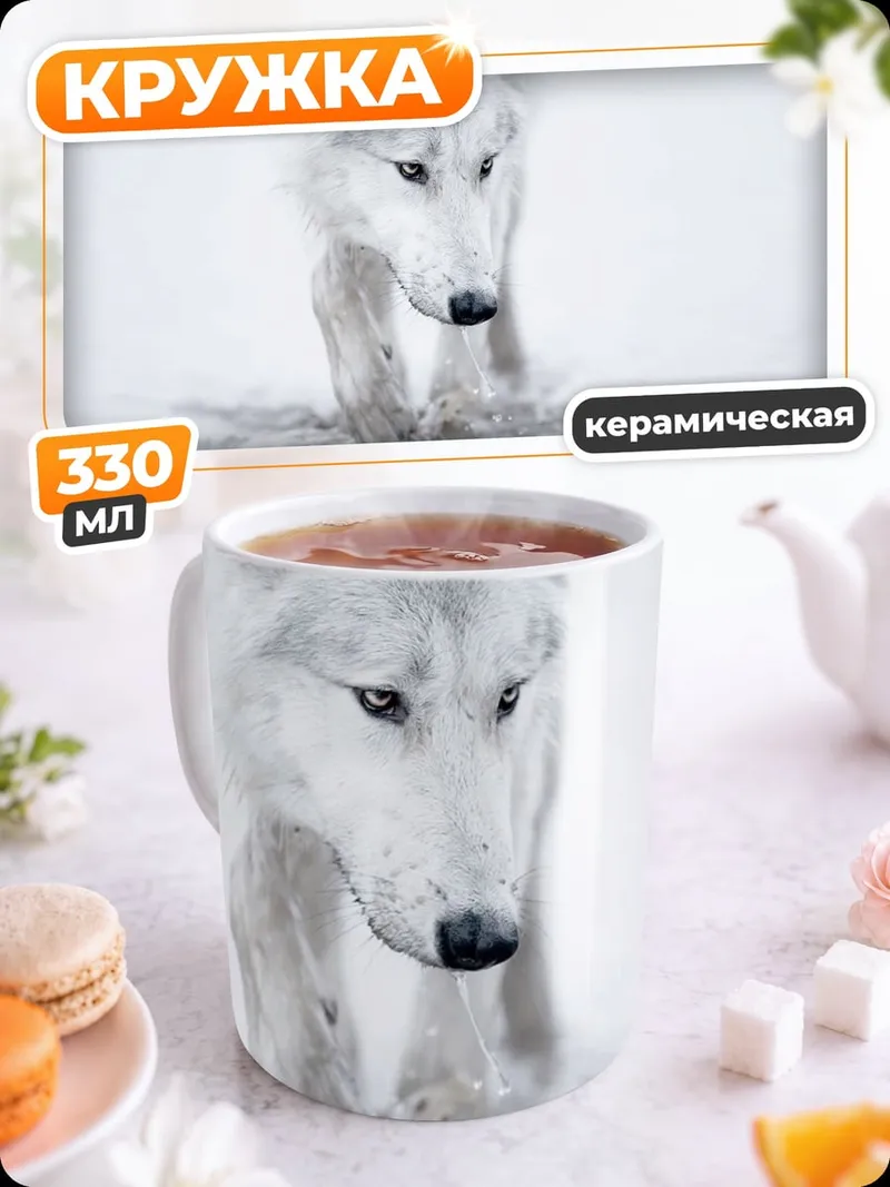 Кружка керамическая Белый волк в снегу