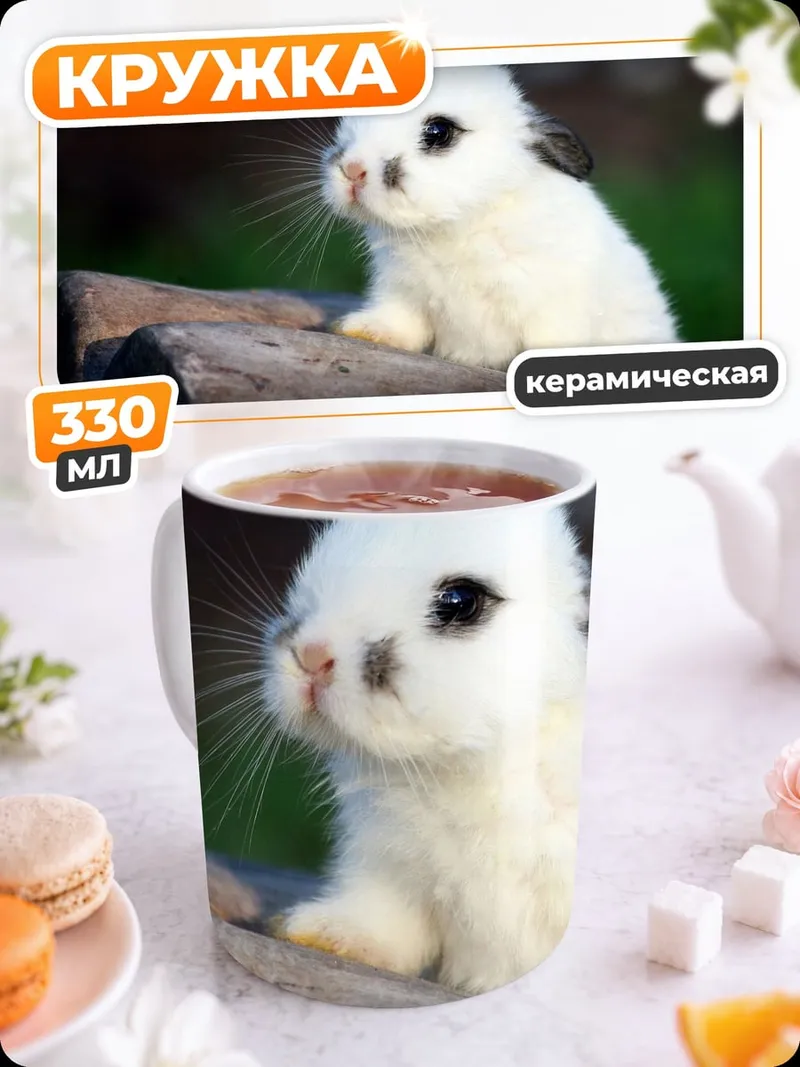 Кружка керамическая Белый кролик на камне