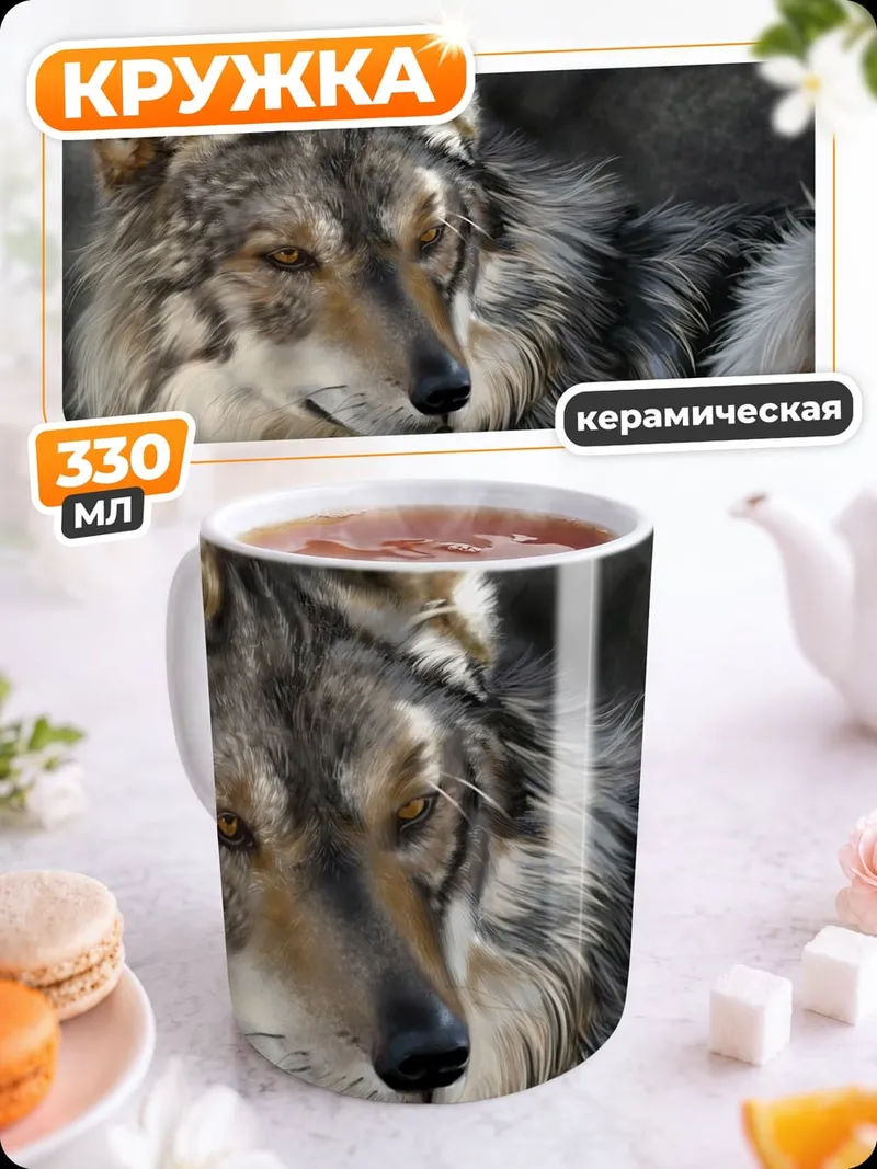 Кружка керамическая серый волк