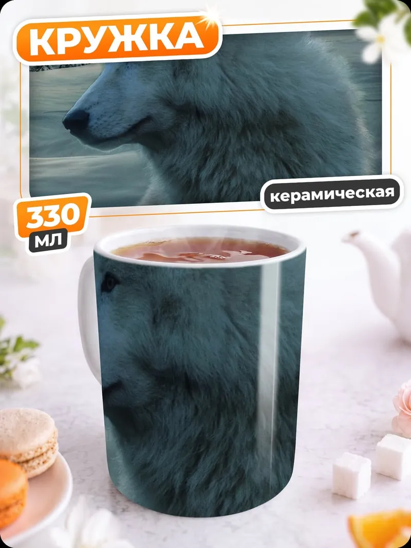 Кружка керамическая белый волк луна