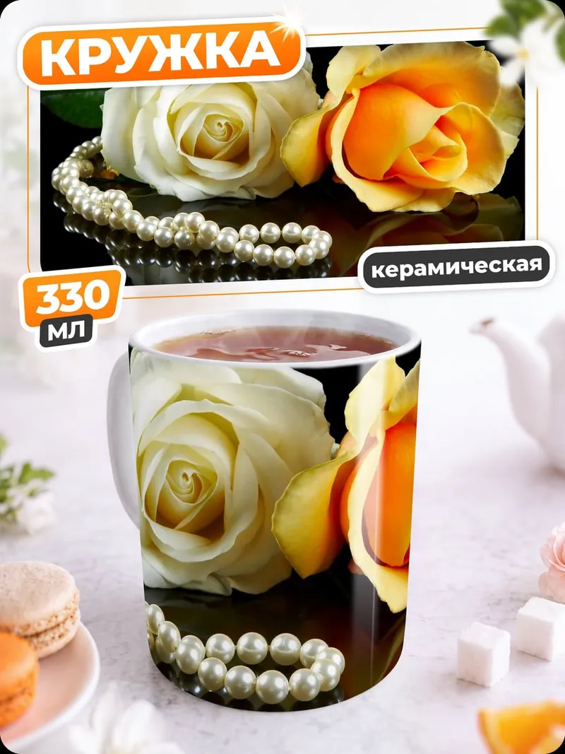 Кружка керамическая Две розы и жемчуг