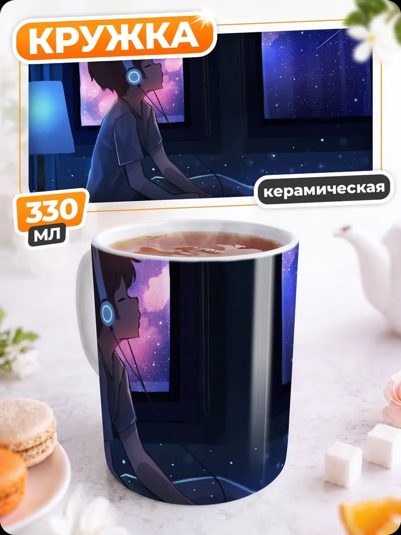 Кружка керамическая ночь наушники
