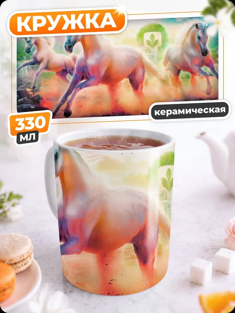 Кружка керамическая Три единорога радуга
