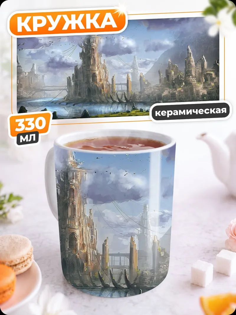 Кружка керамическая фэнтезийный город у воды
