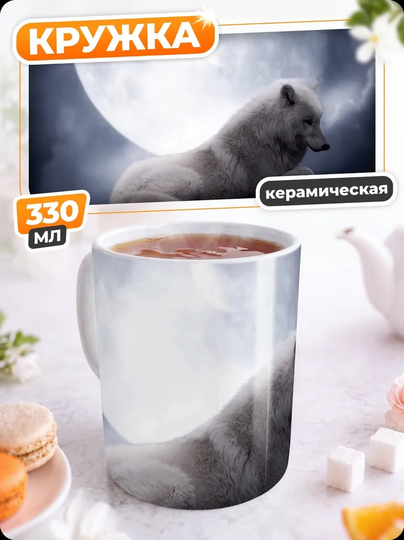 Кружка керамическая Белый волк и луна