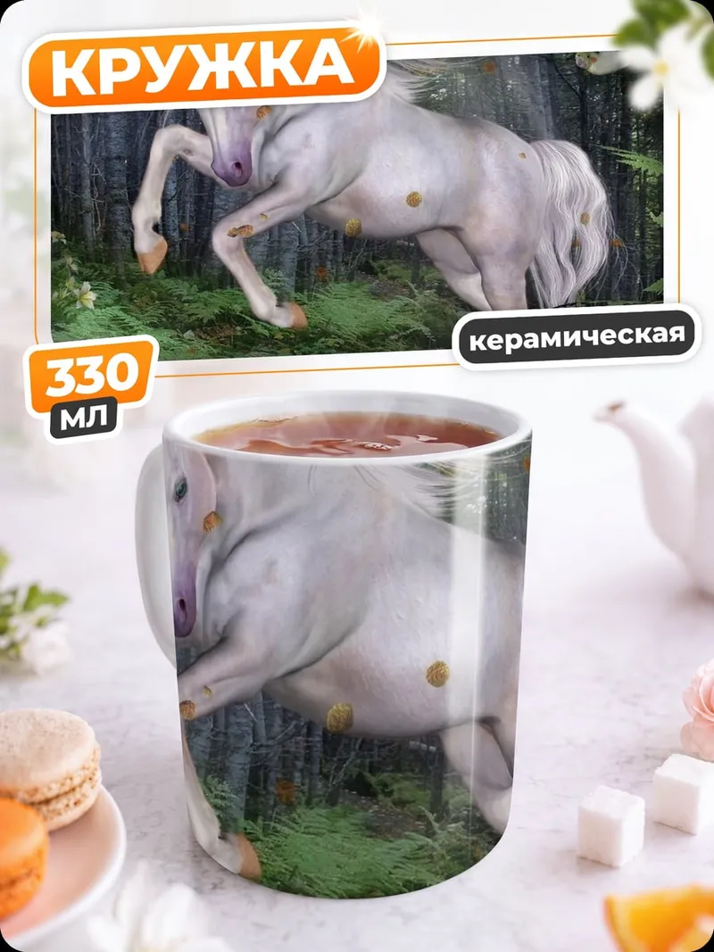 Кружка керамическая белый единорог в лесу