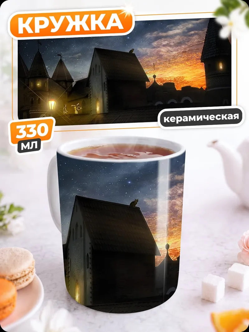 Кружка керамическая замок на закате