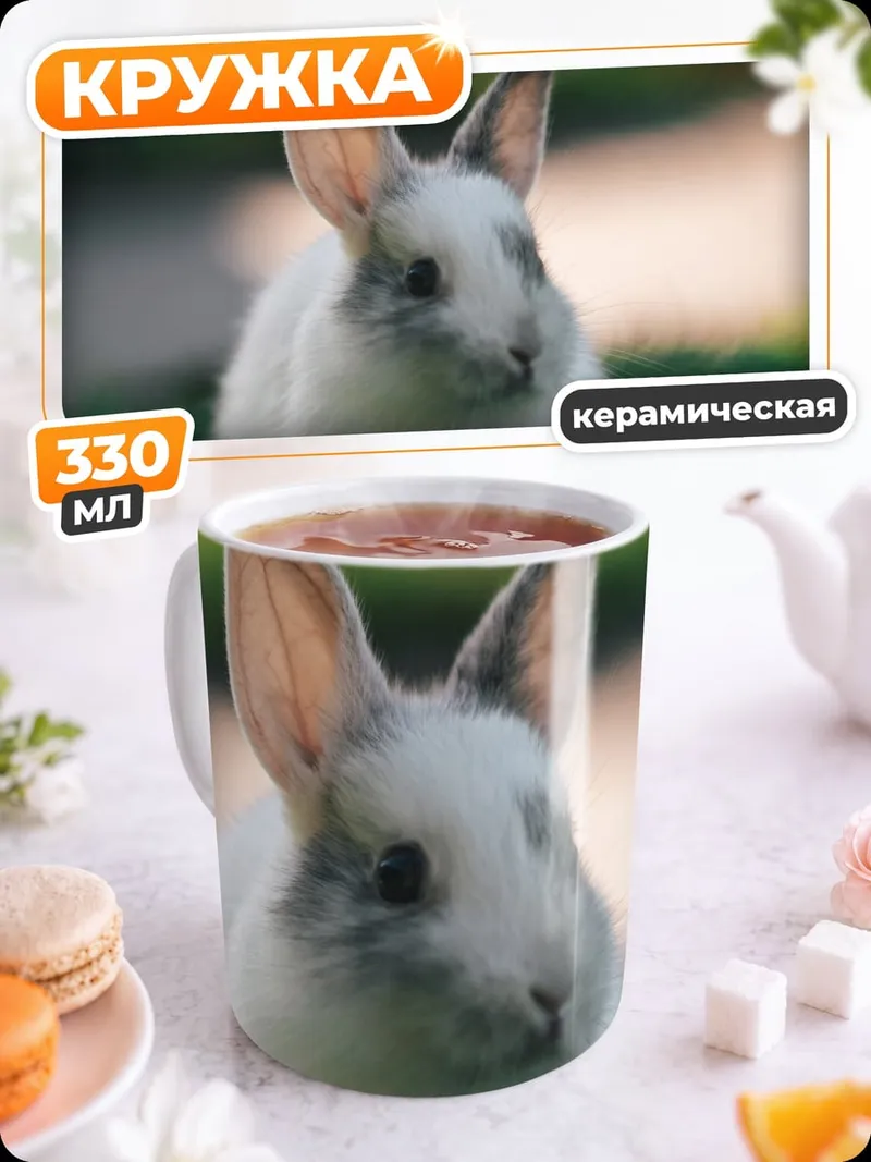 Кружка керамическая Белый кролик на траве