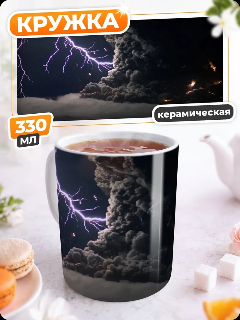 Кружка керамическая Извержение вулкана с молниями