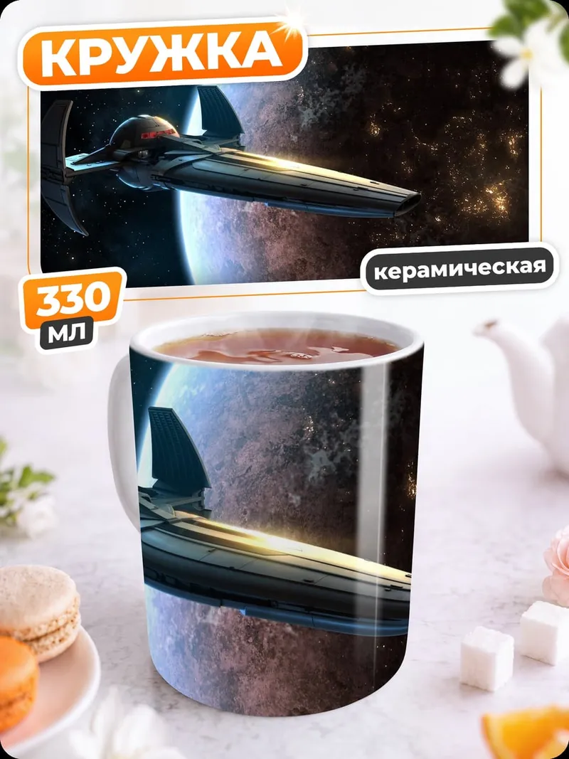 Кружка керамическая космический корабль у планеты