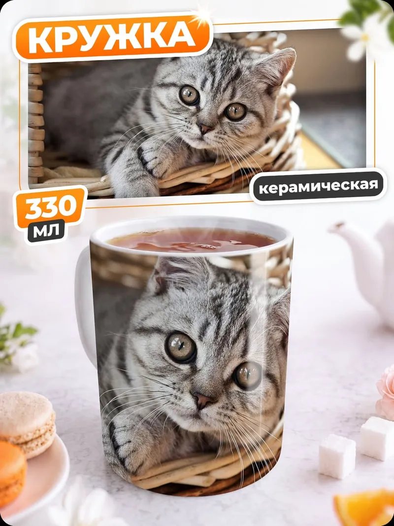 Кружка керамическая Кот в корзине