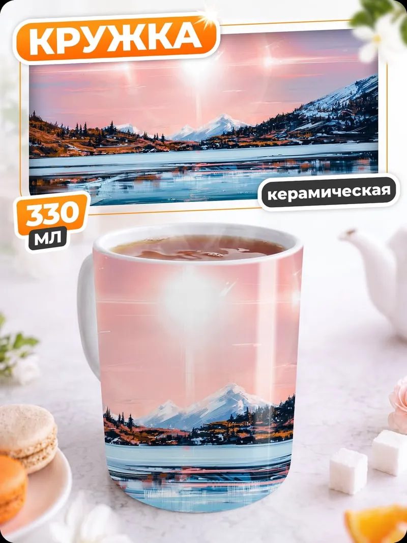 Кружка керамическая Горное озеро закат