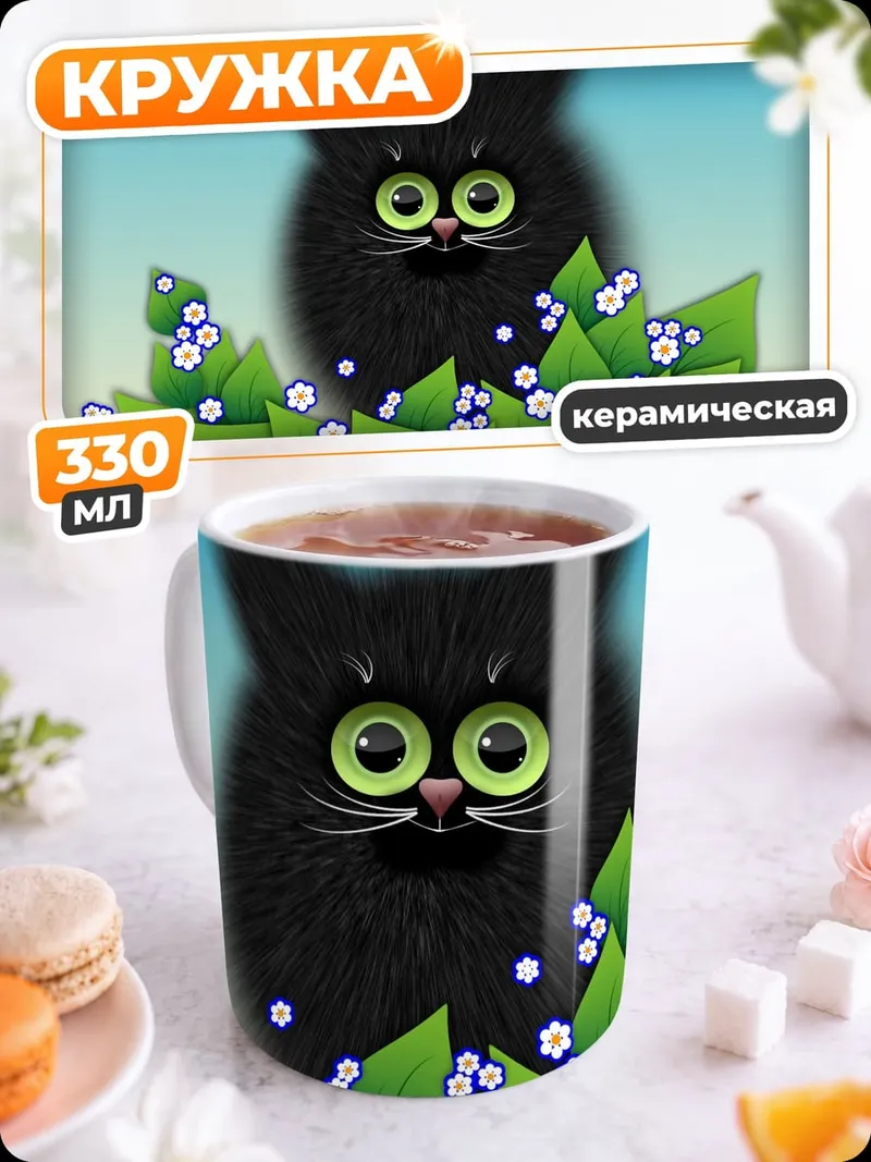 Кружка керамическая черный котенок в цветах