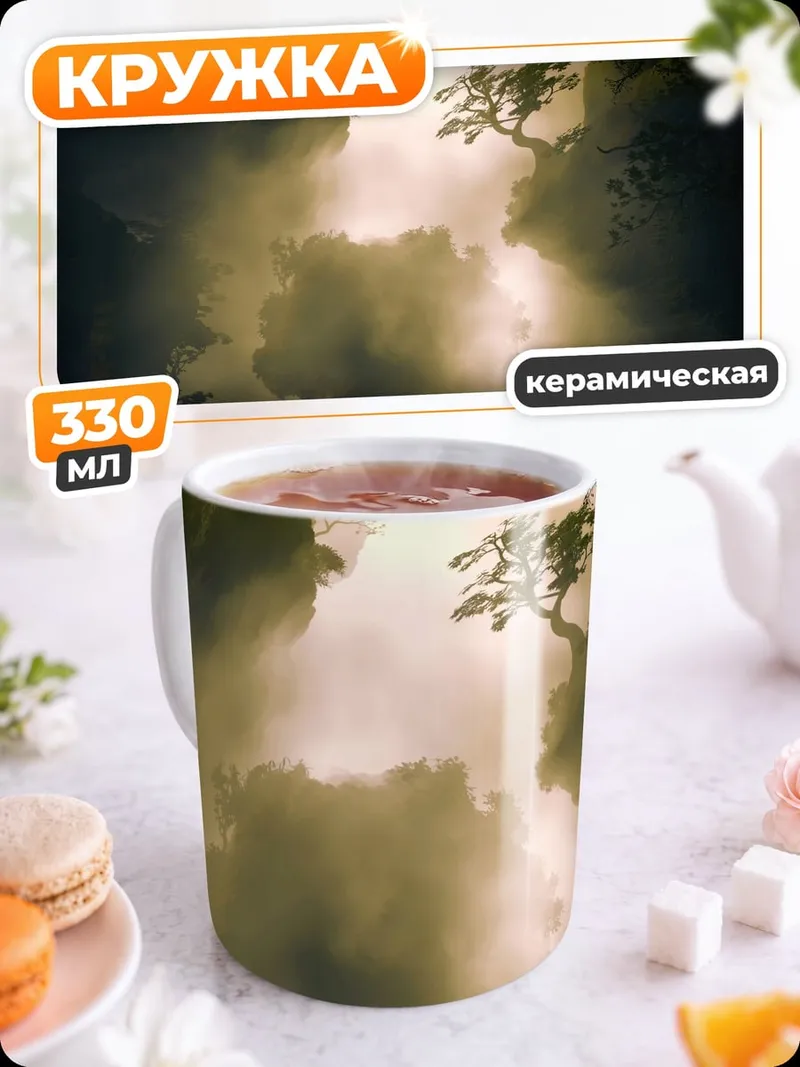 Кружка керамическая туманный водопад в горах