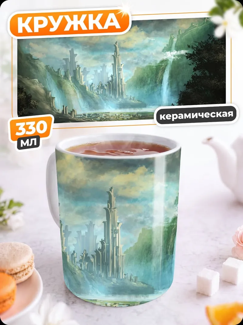 Кружка керамическая Фэнтезийный город водопадов