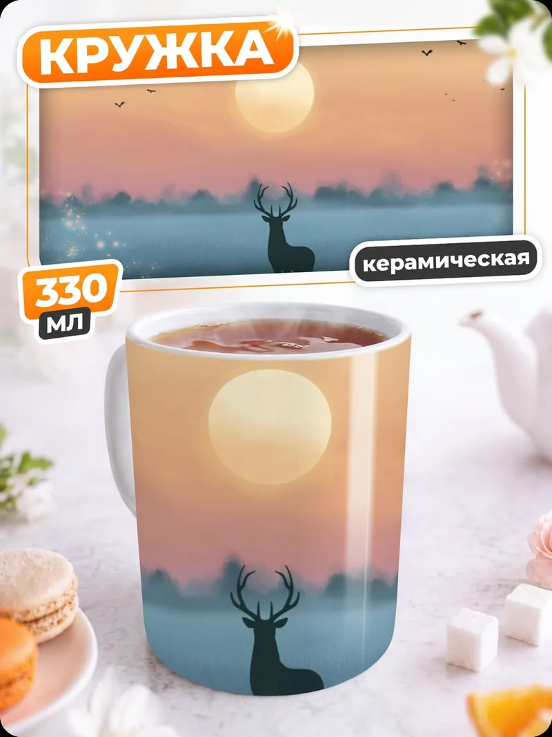 Кружка керамическая Олень на закате