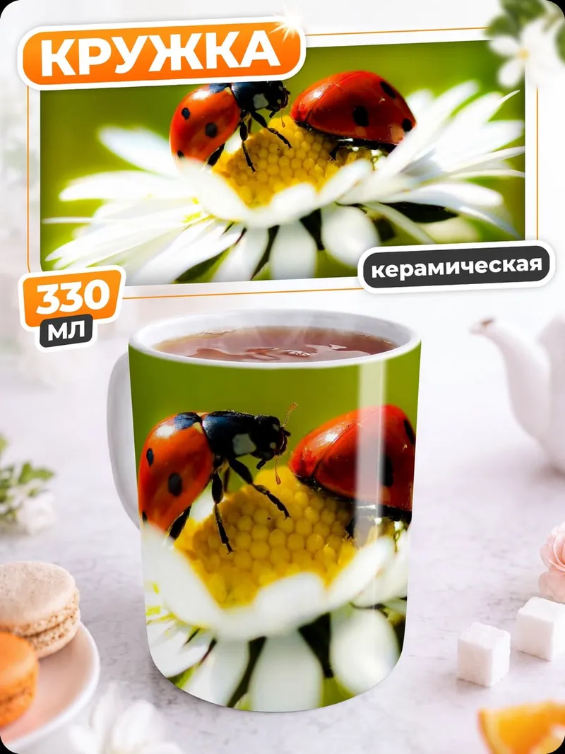 Кружка керамическая Божьи коровки на цветке