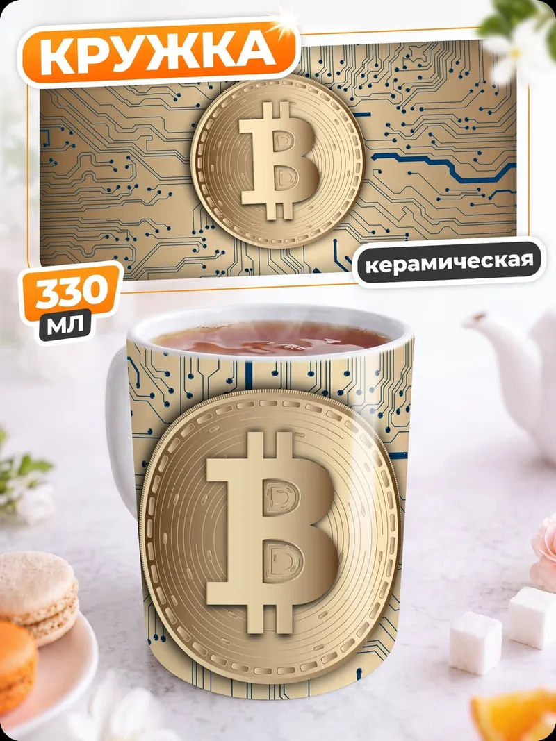 Кружка керамическая Золотой биткоин на плате