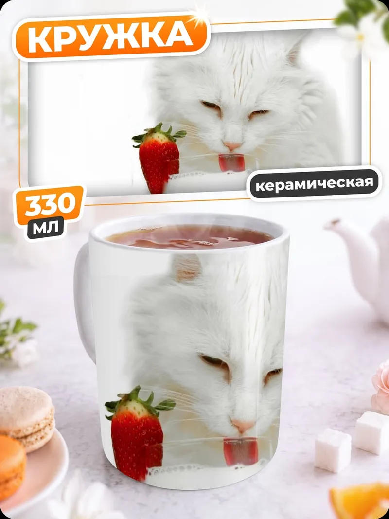 Кружка керамическая белый кот клубника